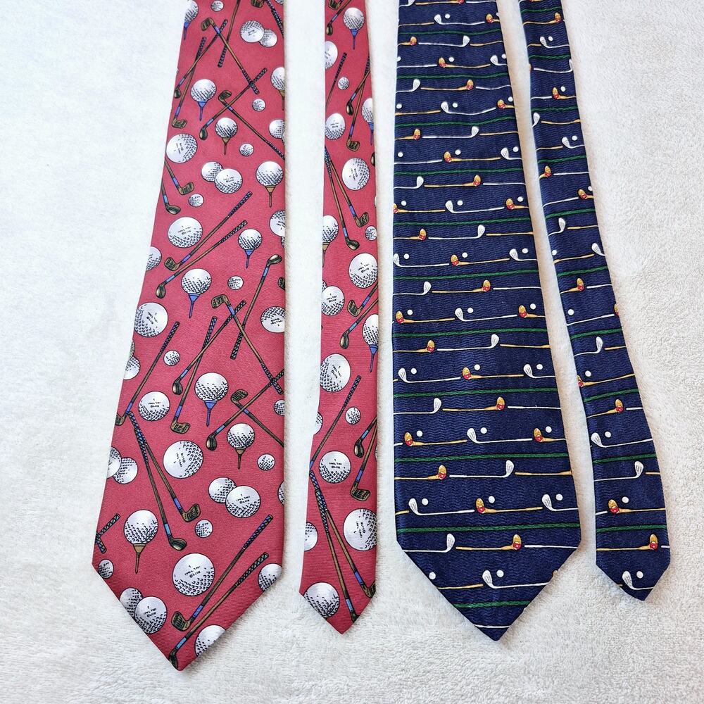 Cromley & Finch / Rooster Necktie Lot Of 2 Golf Silk Red Blue Same Length 58in